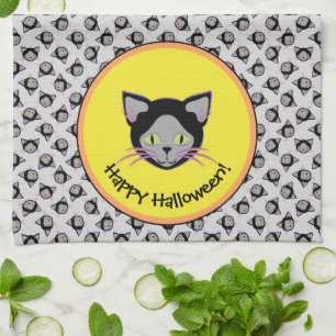 Halloween Black Cat Face Pattern Tea Towel