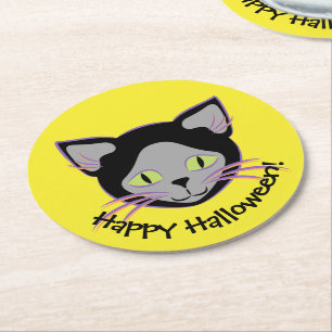 Halloween Black Cat Face Round Paper Coaster