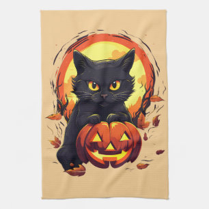 Halloween Black Cat, Fall Leaves,  Tea Towel