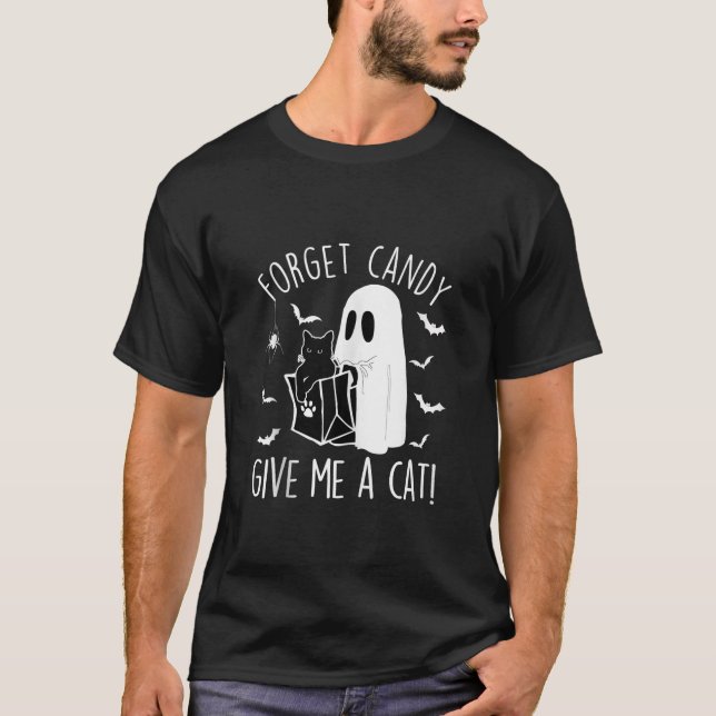 Halloween Black Cat Forget Candy Give Me A Cat Fun T-Shirt (Front)