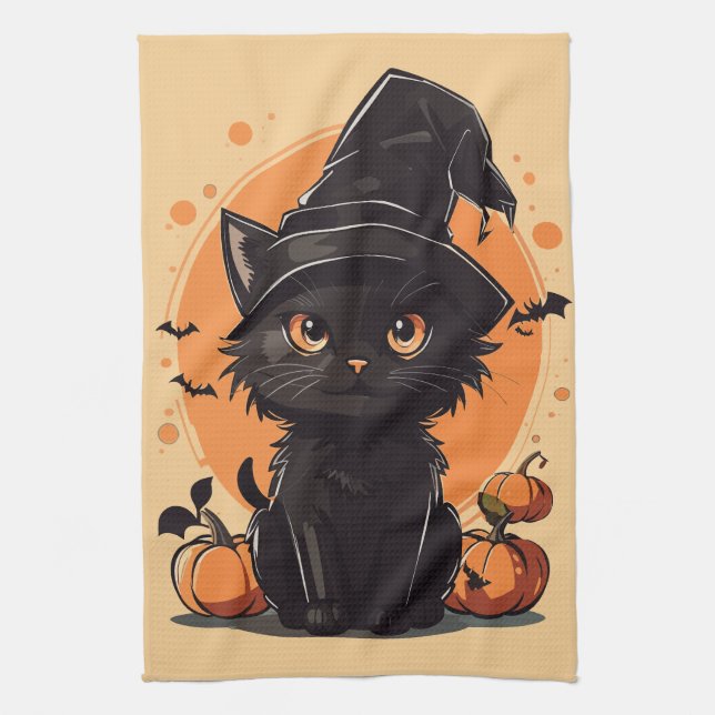 Halloween Black Cat Full Moon Tea Towel (Vertical)