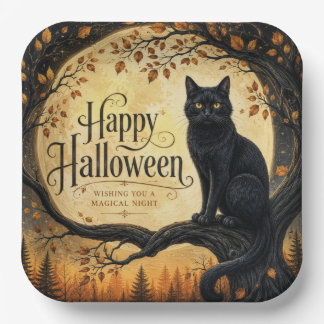 Halloween Black Cat Full Moon Tree Paper Plate