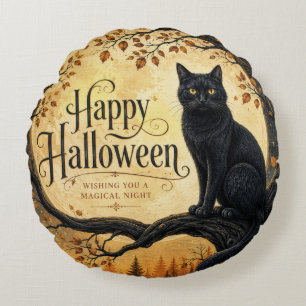 Halloween Black Cat Full Moon Tree Round Cushion