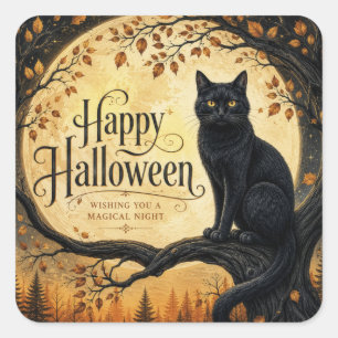 Halloween Black Cat Full Moon Tree Square Sticker