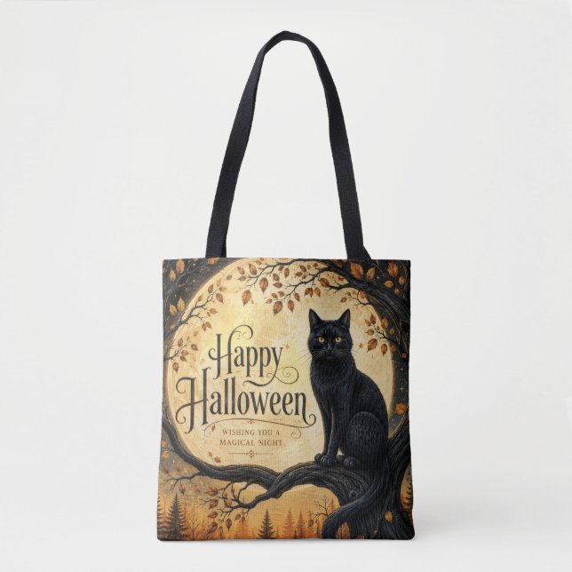 Halloween Black Cat Full Moon Tree Tote Bag (Front)