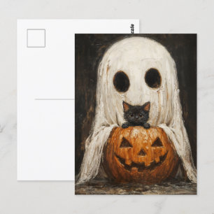Halloween Black Cat & Ghost - Cute Spooky Postcard