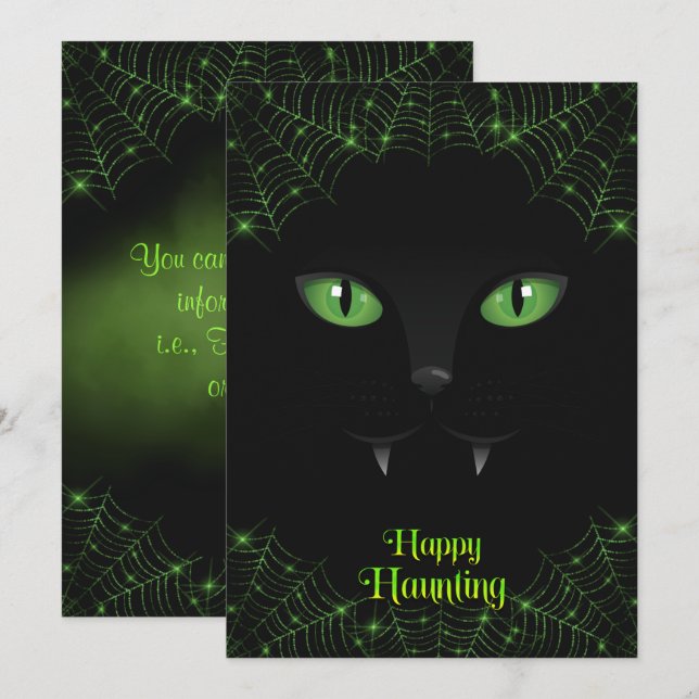 Halloween Black Cat Green Webs Holiday Card (Front/Back)