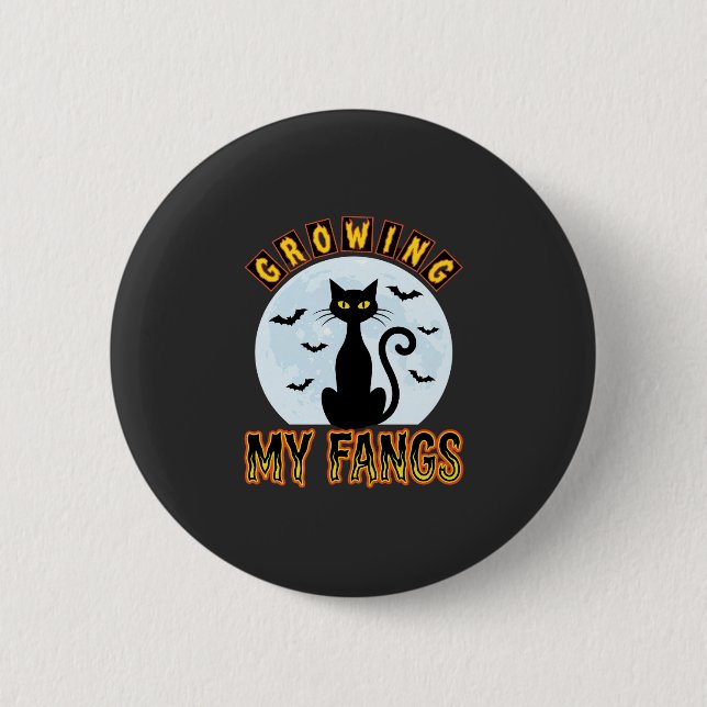 Halloween Black Cat Growing My Fangs Design 6 Cm Round Badge (Front)