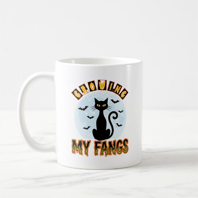 Halloween Black Cat Growing My Fangs Design Coffee Mug (Left)