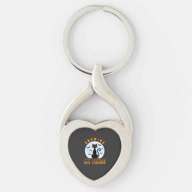 Halloween Black Cat Growing My Fangs Design Key Ring (Front)