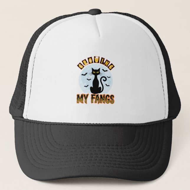 Halloween Black Cat Growing My Fangs Design Trucker Hat (Front)