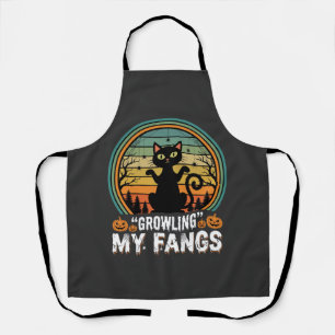 Halloween Black Cat Growling My Fangs Retro Design Apron