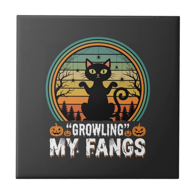 Halloween Black Cat Growling My Fangs Retro Design Tile (Front)