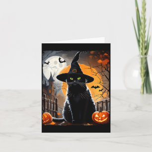 Halloween Black Cat Hat Spooky Cat And Pumpkin Card