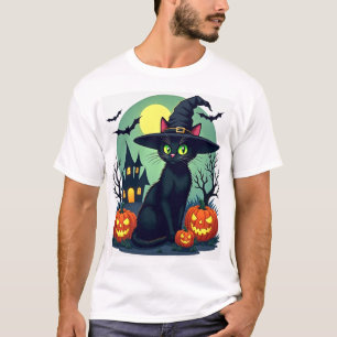 Halloween Black Cat Hat Spooky Cat and Pumpkin Gra T-Shirt
