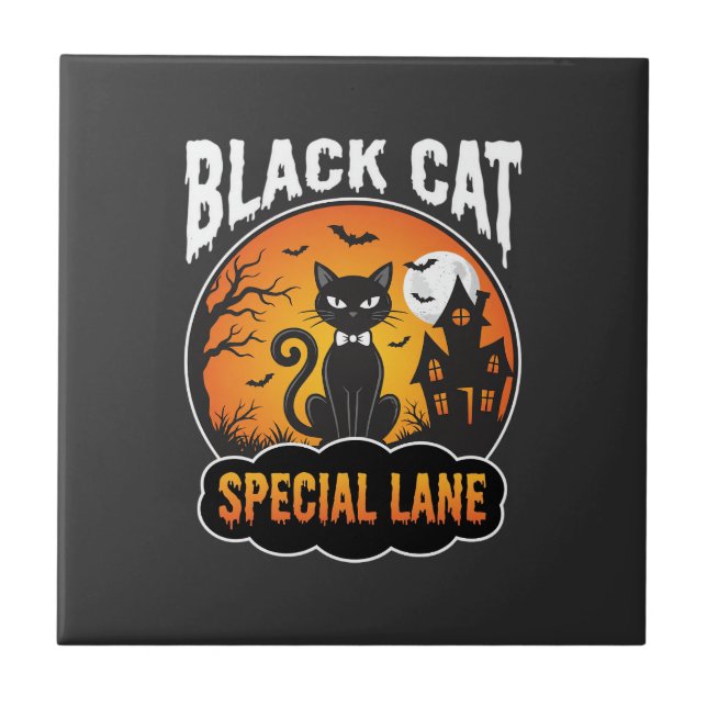Halloween Black Cat Haunted House Moon Design Tile (Front)