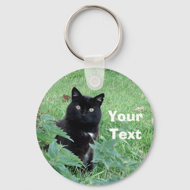 Halloween Black Cat in Grass Looks Curious Keyring (Front)
