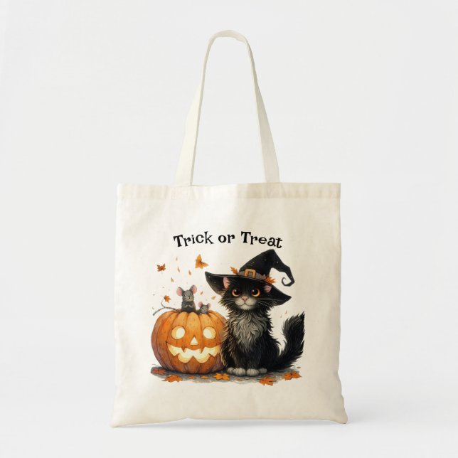 Halloween Black Cat in Witch's Hat Trick or Treat Tote Bag (Front)