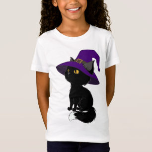Halloween black cat in wizard hat  girl t-shirt