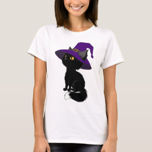 Halloween black cat in wizard hat womans t-shirt