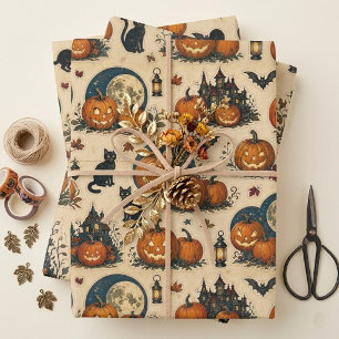 Halloween Black Cat Jack O Lantern Aged Decoupage Wrapping Paper Sheet