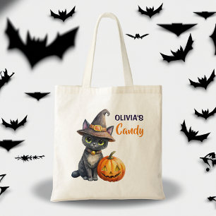 Halloween black cat jack o lantern customised tote bag