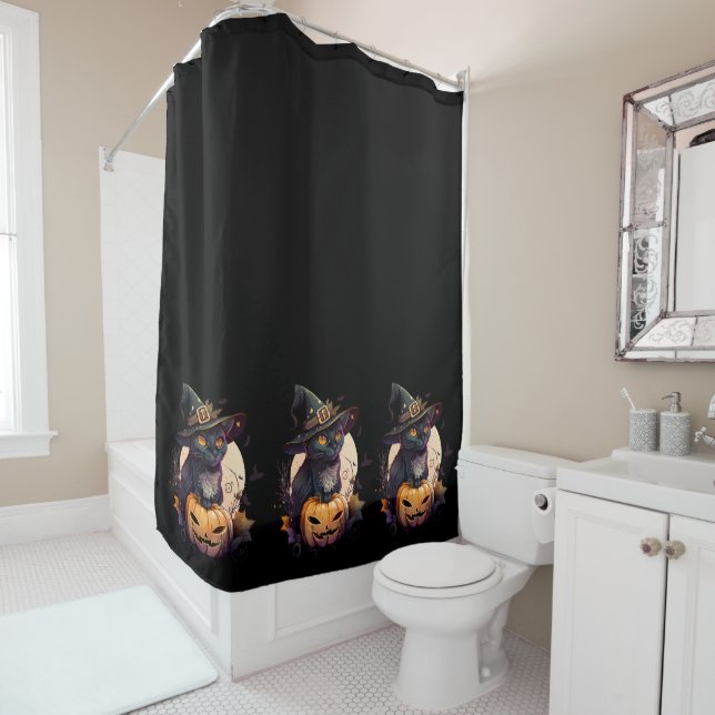 Halloween Black Cat Jack-o-Lantern Orange Shower Curtain (In Situ)