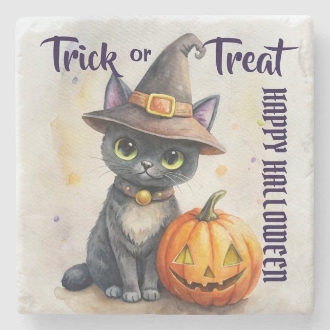 Halloween black cat jack o lantern trick or treat stone coaster (Front)