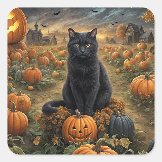 Halloween Black Cat Jack O Lanterns Square Sticker (Front)