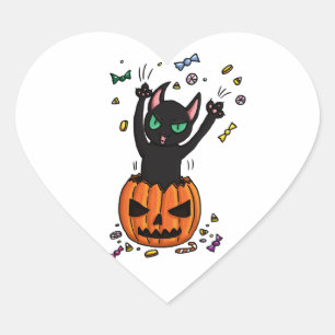 Halloween Black cat jumping out of a pumpkin Heart Sticker