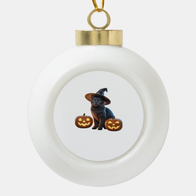 Halloween Black Cat Magic Classic T-Shirt Ceramic Ball Christmas Ornament (Front)
