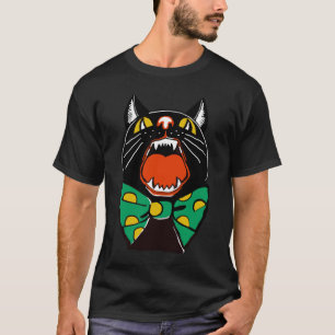 Halloween Black Cat Meowing With Large Green Polka T-Shirt