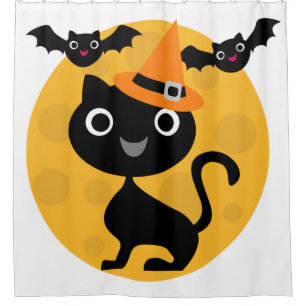 Halloween Black Cat, Moon, Bats Shower Curtain