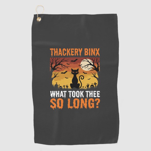 Halloween Black Cat Moon Graveyard Quote Design Golf Towel (Front)