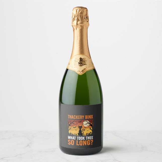 Halloween Black Cat Moon Graveyard Quote Design Sparkling Wine Label (Front)