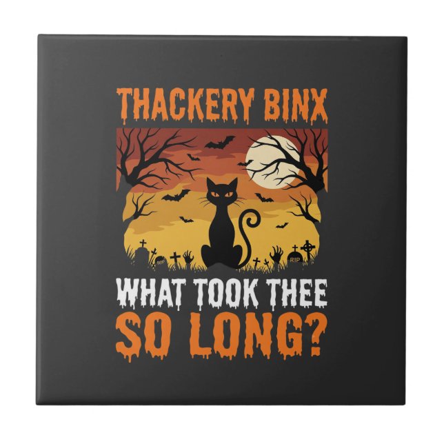 Halloween Black Cat Moon Graveyard Quote Design Tile (Front)