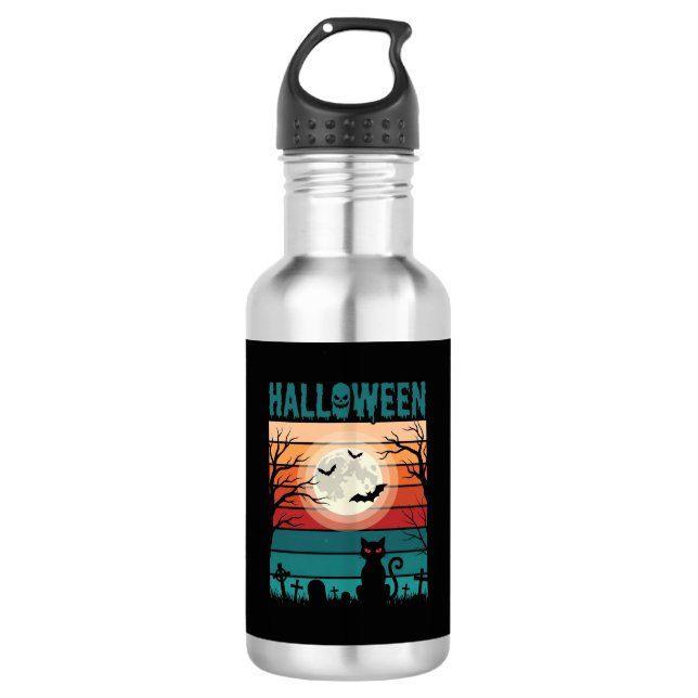 Halloween Black Cat Moon Graveyard Retro Vector De 532 Ml Water Bottle (Front)
