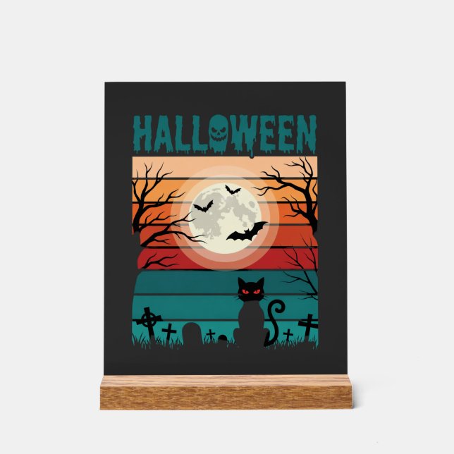 Halloween Black Cat Moon Graveyard Retro Vector De Acrylic Sign (Front)