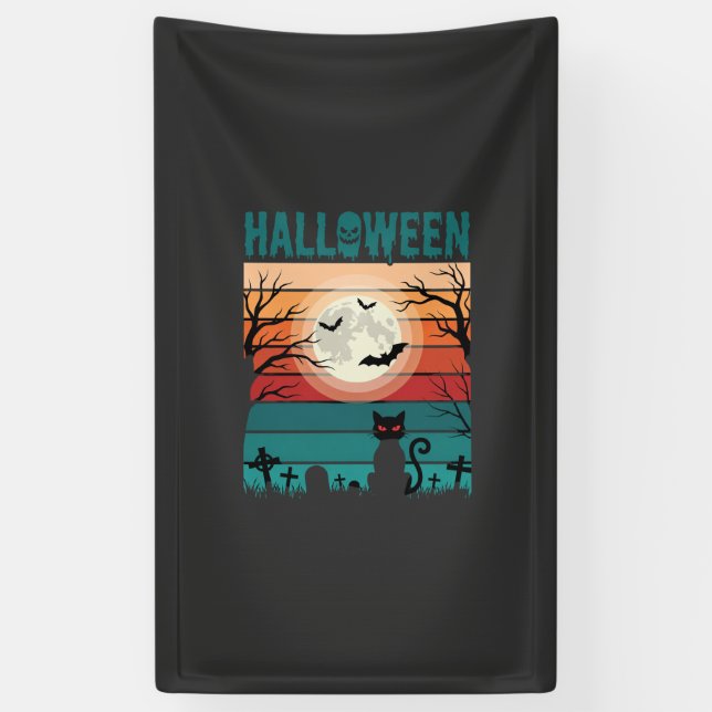 Halloween Black Cat Moon Graveyard Retro Vector De Banner (Vertical)