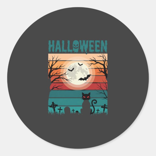 Halloween Black Cat Moon Graveyard Retro Vector De Classic Round Sticker (Front)