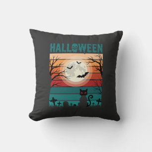 Halloween Black Cat Moon Graveyard Retro Vector De Cushion