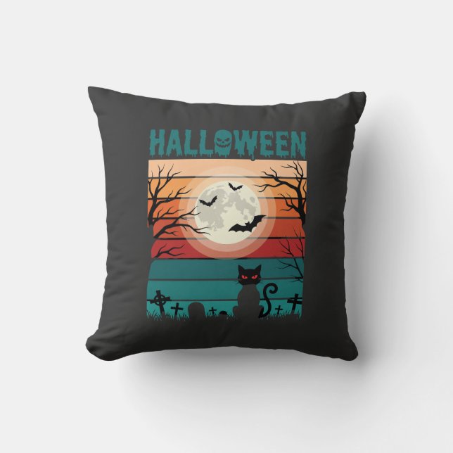 Halloween Black Cat Moon Graveyard Retro Vector De Cushion (Front)