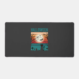 Halloween Black Cat Moon Graveyard Retro Vector De Desk Mat
