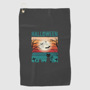 Halloween Black Cat Moon Graveyard Retro Vector De Golf Towel