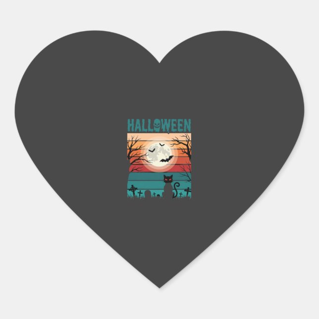 Halloween Black Cat Moon Graveyard Retro Vector De Heart Sticker (Front)