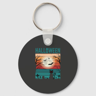Halloween Black Cat Moon Graveyard Retro Vector De Key Ring