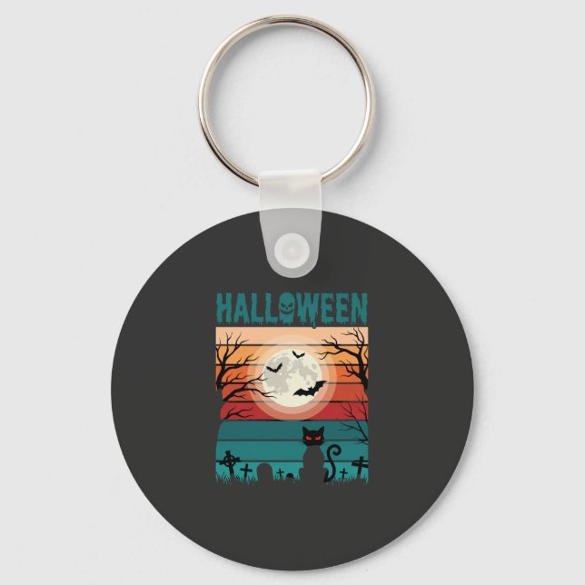 Halloween Black Cat Moon Graveyard Retro Vector De Key Ring (Front)