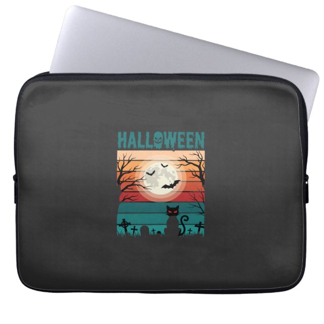 Halloween Black Cat Moon Graveyard Retro Vector De Laptop Sleeve (Front)