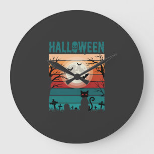 Halloween Black Cat Moon Graveyard Retro Vector De Large Clock