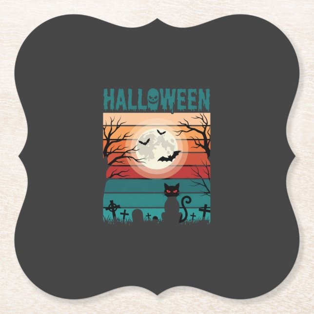 Halloween Black Cat Moon Graveyard Retro Vector De Paper Coaster (Front)